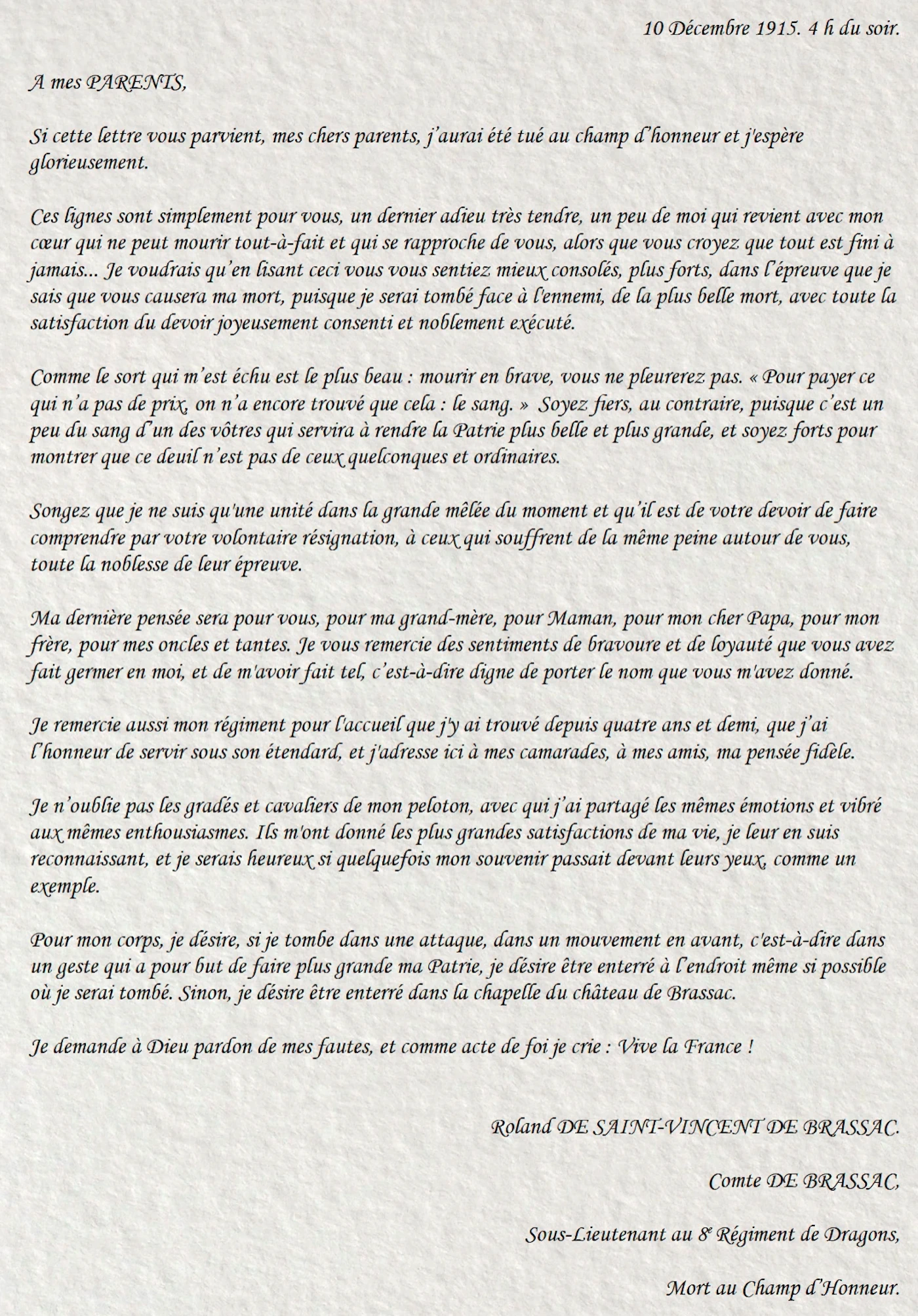 Lettre du comte Roland de Saint-Vincent (copie du texte)