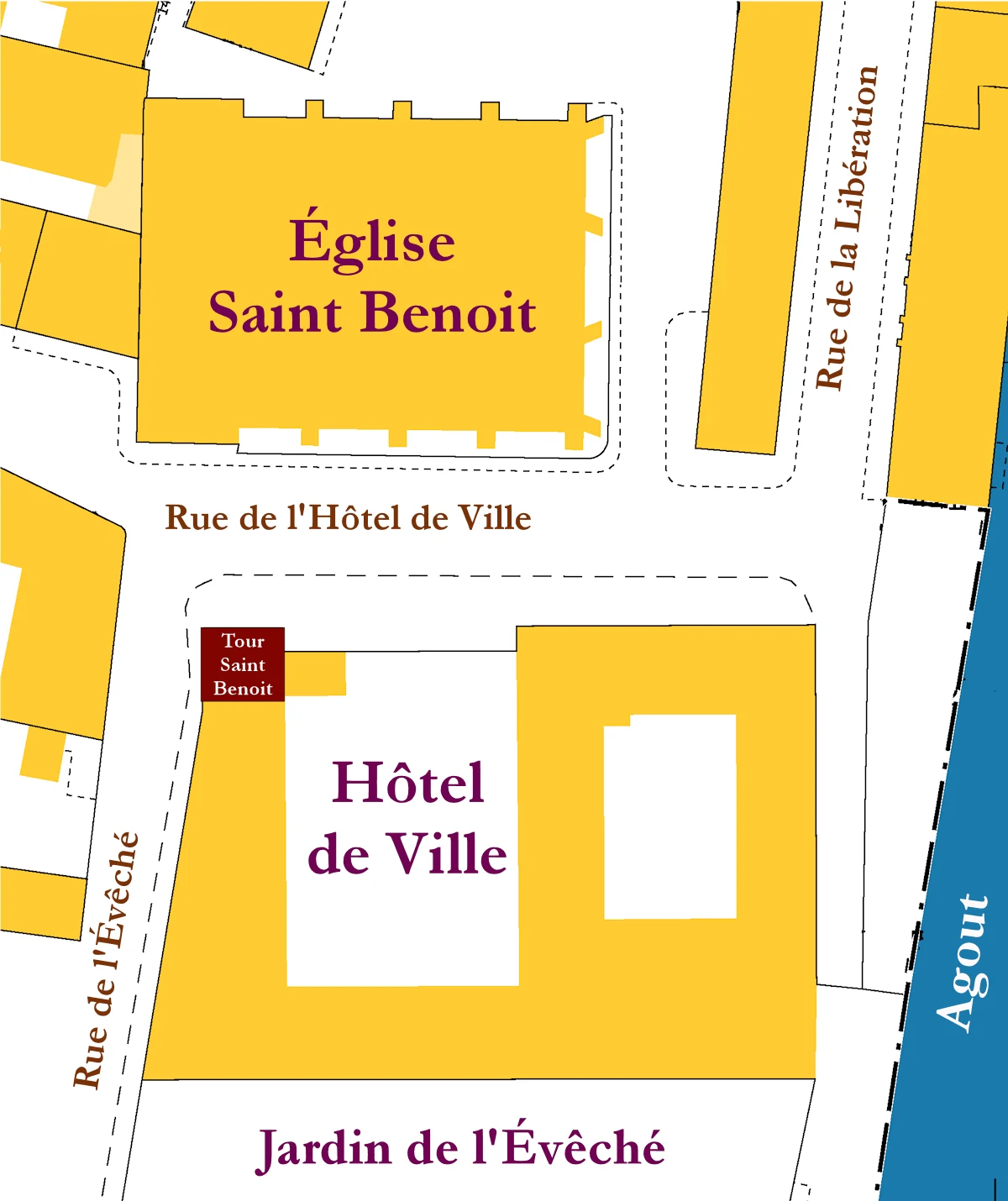 Plan cadastral montrant la cathédrale Saint-Benoît, l’Hôtel de Ville et la tour Saint-Benoît