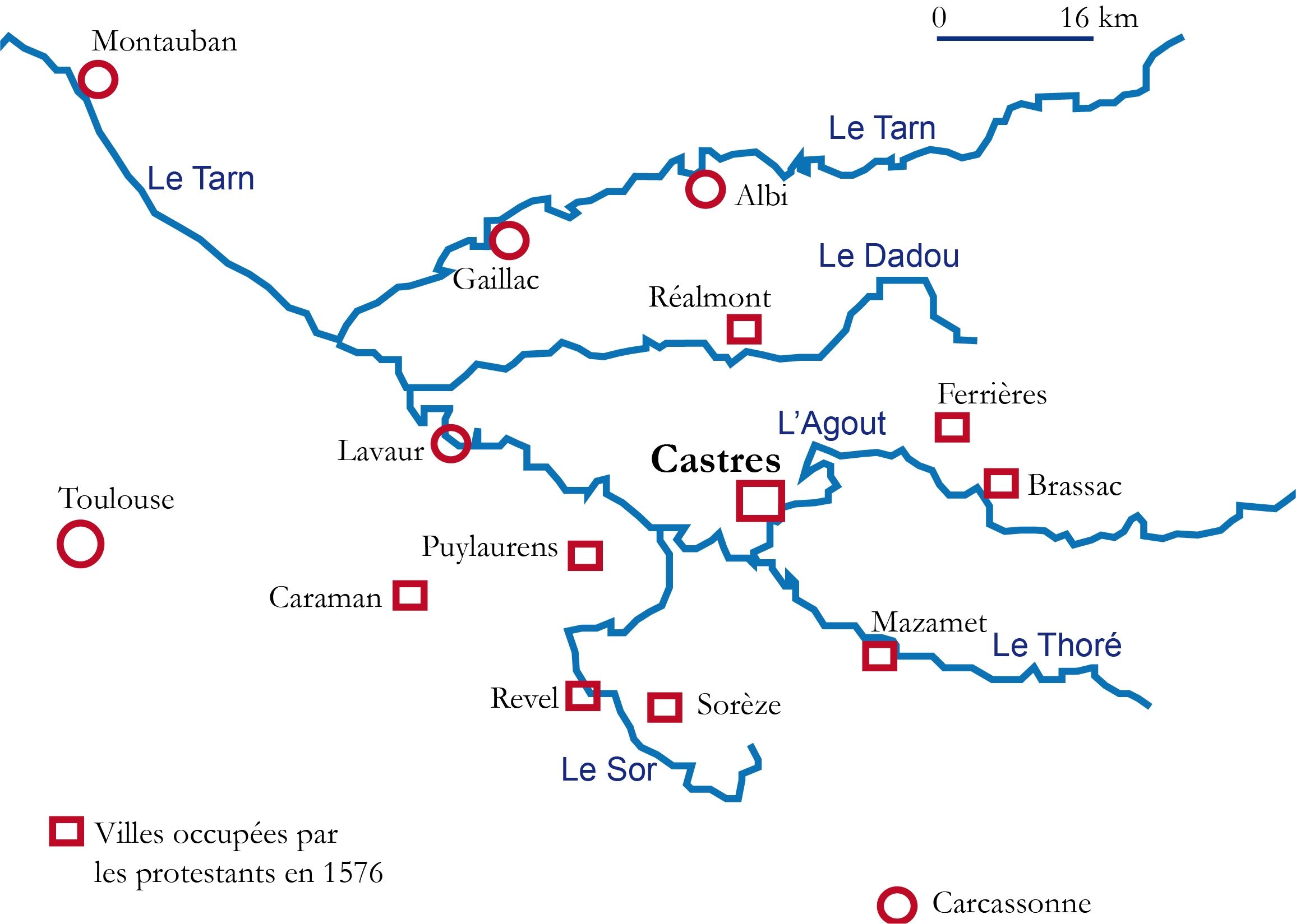 Carte de la région de Castres et des villes protestantes