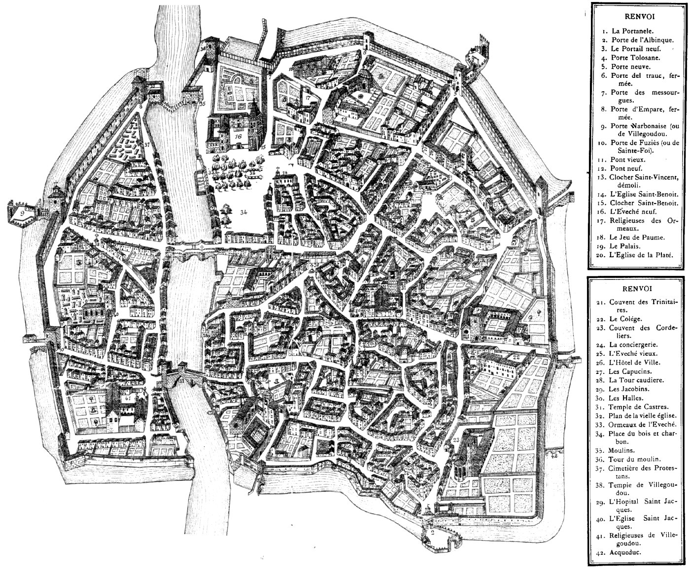 Plan et élévation de Castres (état 1674, copie Marturé 1788)