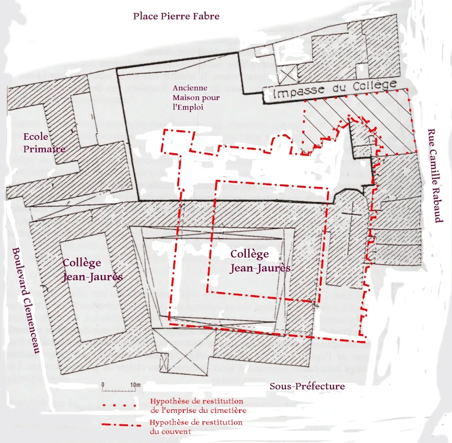 Hypothèse de reconstitution du couvent superposée au plan des bâtiments actuels