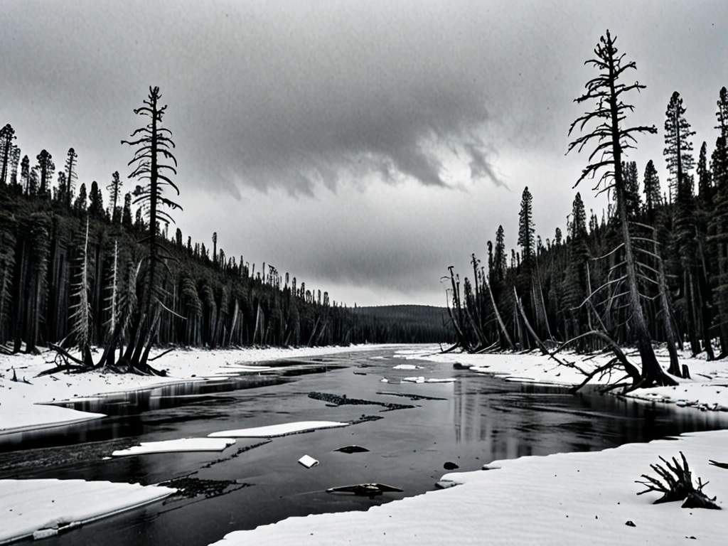 Le Grand Nord, forêt de sapins et fleuve glacé
