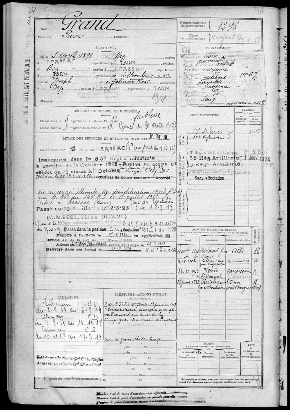 Fiche matricule complète de Pierre Grand – défilement possible